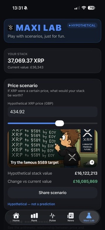 Maxi Lab price scenario showing an XRP stack value at the famous $589 target in the user's own currency